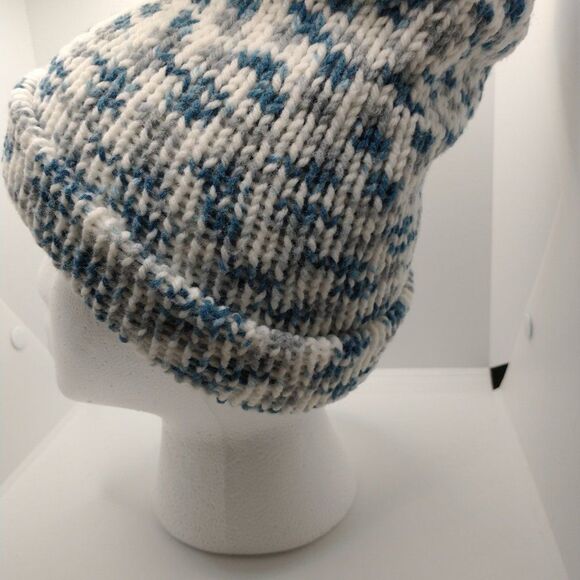 Handmade Hat Blue Unisex Winter Slouchy Knit Warm Beanie Ski Cap Pom Pom - Picture 4 of 12